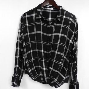 I69 Maurices Black and White Plaid Twist Front Button Down